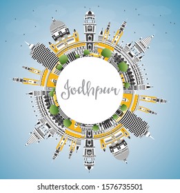 Jodhpur India City Skyline with Color Buildings, Blue Sky and Copy Space. Vector Illustration. Business Travel and Concept with Historic Architecture. Jodhpur Cityscape with Landmarks.