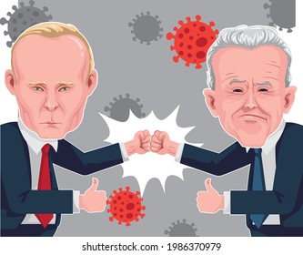 Joe Biden And Vladimirovich Putin Political Cartoon Or Editorial.President Of The United States America And President Of The Russian Federation. Concept For Fighting Corona Virus COVID-19 In Year 2021