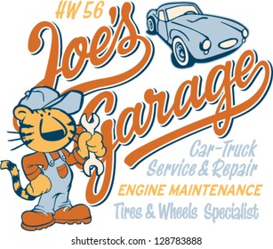 Joe Tiger's garage - Vector artwork for kid t shirt in custom colors