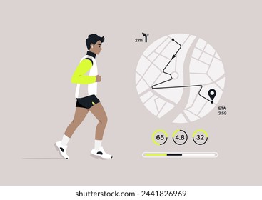 A Jog Progress, Tracking Distance and Performance Metrics, A runner is shown mid-stride with a graphical overlay of their route and fitness statistics