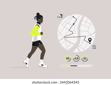 A Jog Progress, Tracking Distance and Performance Metrics, A runner is shown mid-stride with a graphical overlay of their route and fitness statistics