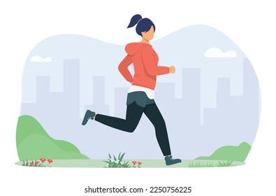 Jog, run, exercise in the park. Young woman jogging. Active healthy lifestyle concept, running, city competition, marathons, cardio workout, exercise. Vector illustration.