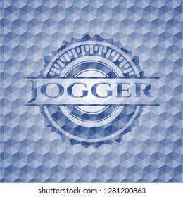 Jogger blue badge with geometric pattern background.