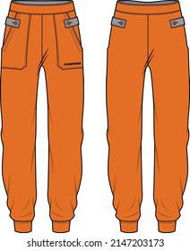 Jogger bottom Pants design flat sketch vector illustration, Track pants concept with front and back view, Sweatpants for running, jogging, fitness, and active wear pants design.