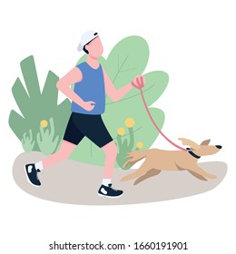 Jogger with dog flat color vector faceless character. Athlete running in park with pet, sportsman training with domestic animal isolated cartoon illustration for web graphic design and animation