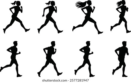 Jogger group run, running, jogging people, men and women set of vector silhouette on isolated white background transparent, png