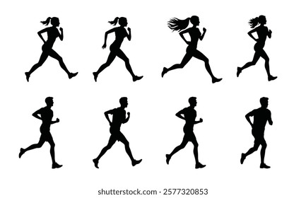 Jogger group run, running, jogging people, men and women set of vector silhouette on isolated white background transparent, png