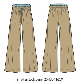 Diseño de moda de pantalones jogger. Ilustración de moda técnica de pantalones de pierna ancha, cintura elástica, bolsillos, vista frontal y posterior, beige, mujeres, hombres, maqueta CAD unisex.