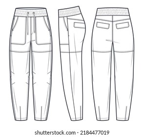  Jogger Pants Fashion Flat Technical Drawing Template. Slouchy Pants, Elastic Waistband, Oversize, Pockets, Women, Men, Unisex, Front, Side, Back View, White, CAD Mockup. 