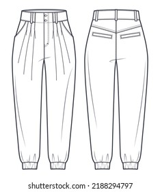 Jogger Pants Fashion Flat Technical Drawing Template.  Jeans Denim Pants Medium Waist, Owersize, Pockets, Women, Men, Unisex, Front, Back View, White, CAD Mockup. 