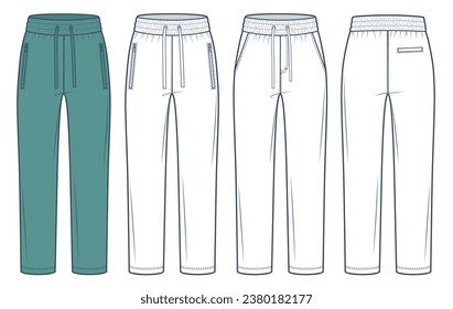 Jogger Pants fashion flat technical drawing template. Sweat Pants technical fashion Illustration, relaxed fit, straight leg, pockets, front, back view, white, green, women, men, unisex CAD mockup set.