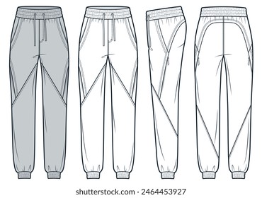 Jogger Pants fashion flat technical drawing template. Sweat Pants technical fashion Illustration, side pocket, elastic waistband, front, side, back view, white, grey, women, men, unisex CAD mockup set