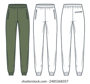 Jogger Pantalones de Plantilla de dibujo técnico plano de moda. Pantalones de sudor de moda técnica Ilustración, bolsillos con cremallera, cintura elástica, frente, vista posterior, blanco, verde caqui, mujeres, hombres, maqueta CAD unisex. 