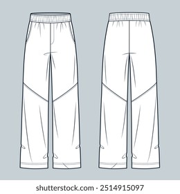 Jogger Pants fashion flat technical drawing template. Wide Leg Pants technical fashion illustration, elastic waistband, pockets, front and back view, white, women, men, unisex CAD mockup.