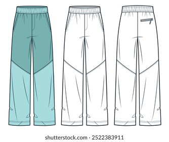 Jogger Calças moda modelo de desenho técnico plano. Calças de perna larga ilustração de moda técnica, cintura elástica, bolsos, frente e vista traseira, branco, verde, mulheres, homens, conjunto de maquete CAD unissex.