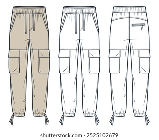 Jogger Pants fashion flat technical drawing template. Cargo Pants technical fashion Illustration, side pocket, elastic waistband, front and back view, white, beige, women, men, unisex CAD mockup set. 