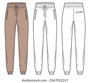 Jogger Pants fashion flat technical drawing template. Sweatpants technical fashion Illustration, pockets, elastic waistband, drawstring, front, back view, white, mocha, women, men, unisex CAD mockup.