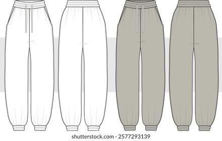 Jogger pants fashion flat technical drawing template. Elastic Waistband Pants, medium waist, oversize, pockets, women, men, unisex, front, back view, white, CAD mockup.