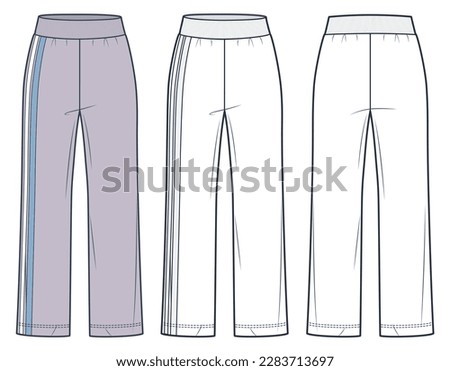 Jogger Pants fashion flat technical drawing template, fashion concept. Sweat Pants technical fashion illustration, oversize, front, back view, white, lilac, women, men, unisex CAD mockup set. 