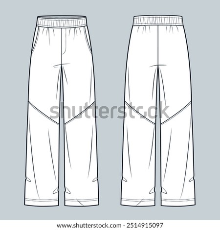 Jogger Pants fashion flat technical drawing template. Wide Leg Pants technical fashion illustration, elastic waistband, pockets, front and back view, white, women, men, unisex CAD mockup.