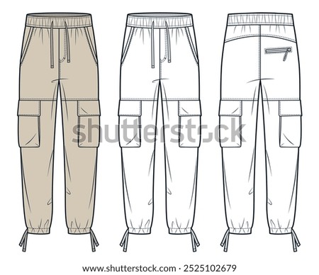 Jogger Pants fashion flat technical drawing template. Cargo Pants technical fashion Illustration, side pocket, elastic waistband, front and back view, white, beige, women, men, unisex CAD mockup set. 