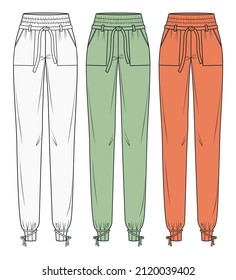 Jogger Pants fashion flat template. Lounge Pants fashion colorway. Loungewear natural colors fashion flat template. Sports wear fashion drawing template.