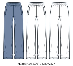 Jogger Pants fashion technical drawing template. Sweat Pants technical fashion illustration, oversize, elastic waistband, wide leg, front, back view, white, blue, women, men, unisex CAD mockup set.