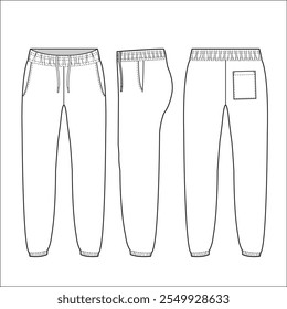 Pantalones Jogger Plantilla de dibujo técnico de moda. Ilustración, ajuste relajado, bolsillo, cintura elástica, frente, vista posterior, blanco, gris, mujeres, hombres, maqueta CAD unisex