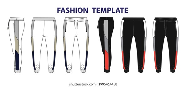 Jogger pants fashion Technical flat sketch vector template front, back and side view.