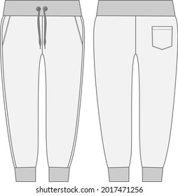 Jogger pants fashion Technical flat sketch vector template front, back view. Slim fit Sport Jogger fashion CAD Technical sketch vector template. Overall drawing fashion flat with print details.