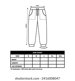 tabla de tamaño de pantalones jogger, calzoncillos, pantalones de vestir. ilustración vectorial de moda