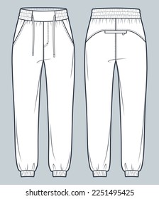 Jogger Pants technical fashion illustration. Sports Sweat Pants fashion flat technical drawing template, pockets, elastic waistband, front and back view, white, women, men, unisex CAD mockup. 