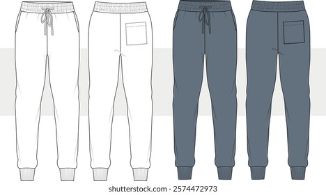 Jogger Pants technical fashion illustration. Sports Sweat Pants fashion flat technical drawing template, pockets, elastic waistband, front and back view, women, men, unisex CAD mockup.