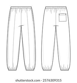 Jogger Pants Technical Fashion Illustration. Sweatpants with Garterized Waistband and ankles Vector Template. Tapered Silhouette. Unisex Activewear. CAD Mockup Set.