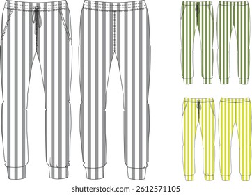 Men’s and Women’s Jogger Pants Vector Mockup with Striped  Designs – Front and Back Views