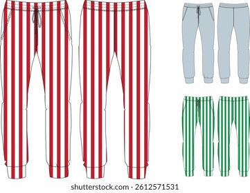 Men’s and Women’s Jogger Pants Vector Mockup with Striped and Solid Designs – Front and Back Views

