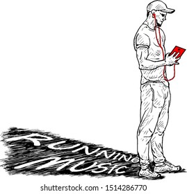 A jogger with a portable media player for the concept Running Music. Hand drawn vector illustration. 
