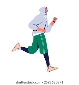 Jogger running. Man runner. Fit person jogging in hoodie. Cardio training, sport workout for endurance. Active healthy male exercising outdoors. Flat vector illustration isolated on white background