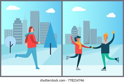 Jogger running on background of skyscrapers, happy couple dancing on skates, man and woman having fun together vector illustration isolated posters