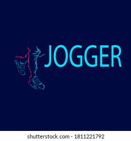 jogger and shoes in sport line pop art potrait logo colorful design with dark background. Abstract vector illustration.