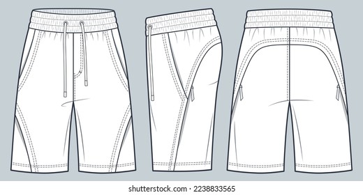 Moda técnica de Jogger Short Pants Ilustración. Sport Shorts diseñan plancha de dibujo técnico plano, vista frontal, lateral y trasera, bolsillos delanteros y laterales, blanco, mujeres, hombres, maquillaje CAD unisex.