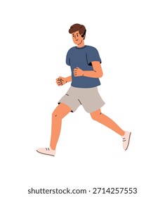 Jogger en ropa deportiva hace entrenamiento cardiovascular al aire libre. El corredor está trotando mientras hace ejercicio deportivo. Atleta con auriculares. Deportista hace ejercicio físico. Ilustración vectorial aislada plana en blanco