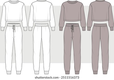 JOGGER AND SWEATTOP SET FOR WOMEN technical drawing, home wear, sleep wear, tee and pajama set illustration.