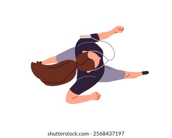 Jogger training, runs and listens to music with headphones top view. Runner, sportswoman jogging overhead. Seen above woman does sports workout. Flat isolated vector illustration on white background