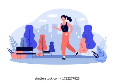 Jogger wearing headphones running down pathway outdoors. Woman training in city park in morning. Vector illustration for health, lifestyle, sport, activity concept