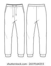 Joggers front and back view technical flat sketch vector mockup illustration.