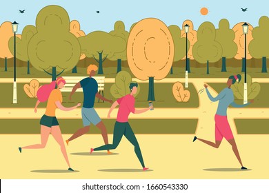 Ilustración de vectores planos de entrenamiento matutino de Joggers. Jóvenes deportistas corriendo en los personajes de caricaturas de Park. Líder maratonista saludando a los participantes. Estilo de vida sano, descanso activo en el campo