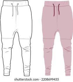 Joggers Pants. Joggers Technical Fashion Illustration With Elastic Waistband. Flat Apparel Joggers Template  Unisex CAD Mock Up.