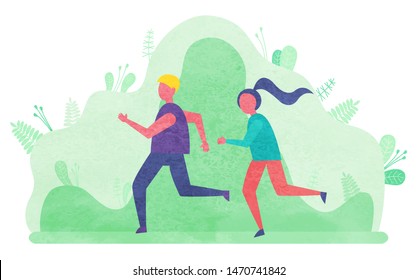 Joggers in park vector, man and woman running in forest. Hobby of youth, run active lifestyle of male and female sportsman. Characters wearing sports clothes and running. Flat cartoon