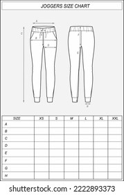 Joggers size chart. Pants front back flat sketch. Clothing measurements. Women CAD mockup. Fashion technical drawing template. Vector illustration.